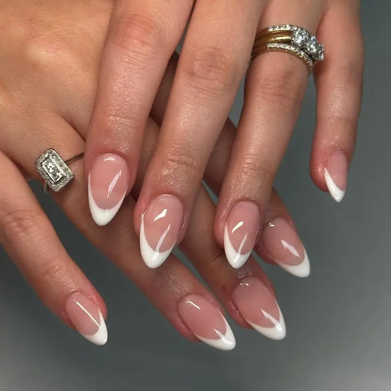 White French Tips Press On Nails, Reusable Manicure Fingernails, Glue on Nail