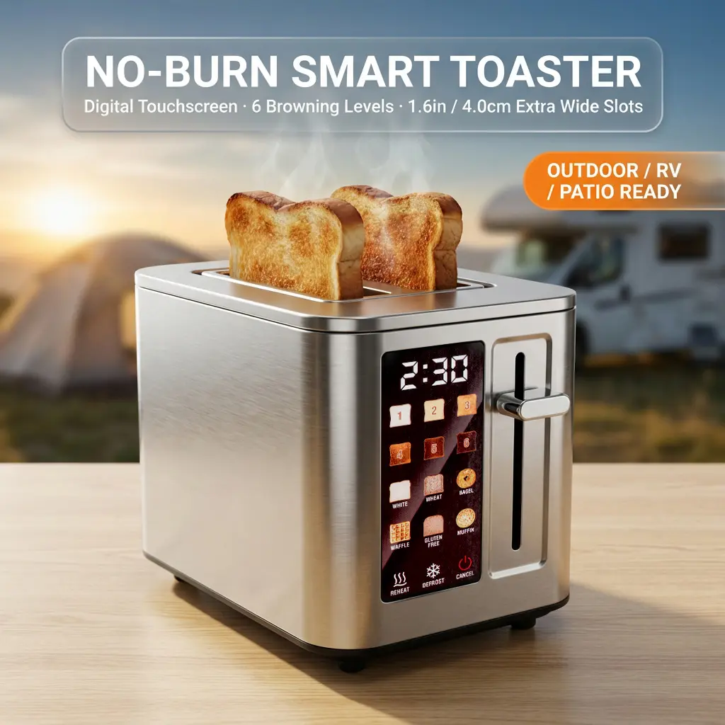 Smart Digital Touch Toaster 2 Slice with Anti-Burn Protection, 6 Bread Types And 6 Shade Levels, Bagel/Defrost/Reheat, 5.1" Extended Slot, 304 Stainless Steel, Easy-Clean Removable Crumb Tray