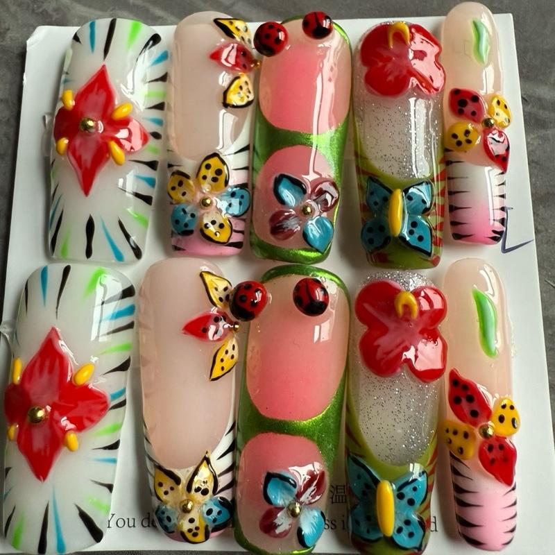 1.2 inches Square Acrylic Press-On Nails with Small Medium & Large Varieties Featuring Floral & Star Design for Stylish Manicure