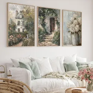 3pc/Set, Vintage Cottage Rose Garden Hydrangeas Oil Painting Print, Rustic Flower Wall Art, Botanical Canvas Poster, Neutral Spring Wall Decor, Ideal Gift For Living Room, Bedroom, Office, Dorm, Cafe, Bar, Hallway, Home And Room Decoration, Unframed