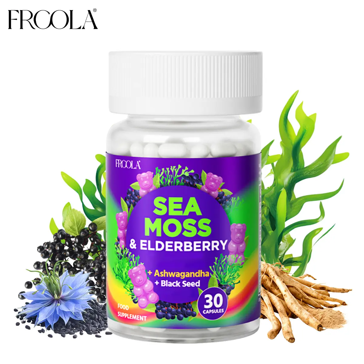 Frcola Sea Moss & Elderberry 30 Capsules Upgrade Formula with Ashwagandha, Black Seed, Vitamin C & Zinc for Natural Healthcare and Fitness Support Dietary Edible Supplement