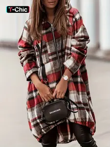 Plaid Pattern Shacket Zipper Design Oversized Longline Casual Hooded Coats with Pockets