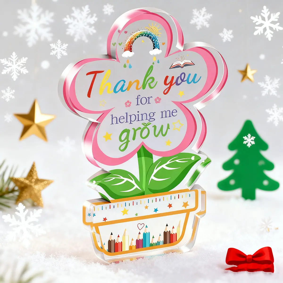 1pc, Thanks Gift To Teacher, Thank You for Helping Me Grow, Flower and Flower Pot Pattern Acrylic Creative Desktop Decoration, Home Decor Products, Birthday Art Craft Ornament Gift, Party Decor