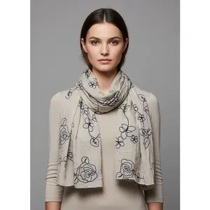 Intricate Floral Pansy Embroidered Light Weight Summer Shawl Scarf Wrap Cream