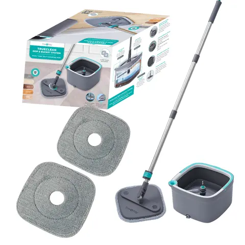 Viral Spin Mop and Bucket System, Two Compartments Separates Clean and Dirty Water with Brush and 2 Microfiber Mop Pads, Machine Washable for all types of Floor Cleaning Pack