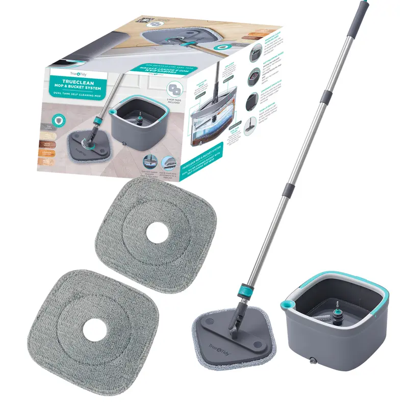 Viral Spin Mop and Bucket System, Two Compartments Separates Clean and Dirty Water with Brush and 2 Microfiber Mop Pads, Machine Washable for all types of Floor Cleaning Pack