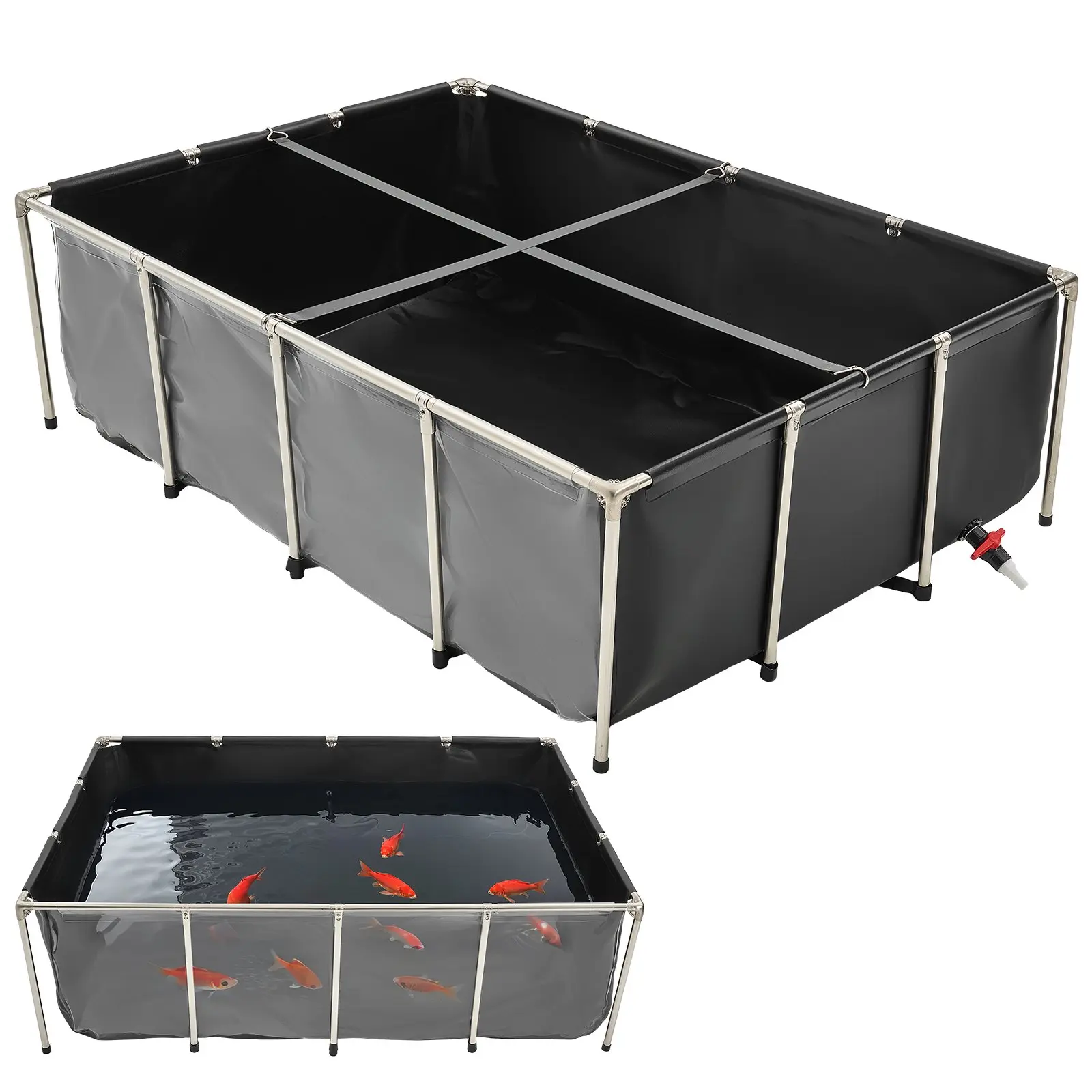 VEVOR Canvas Fish Pond, 470 Gal Above Ground Fish Pond, PVC Koi Tank with Clear Viewing Panel, Rectangular Goldfish Tank with Stainless Steel Frame Drain Valve, for Breeding Koi, Irrigation(Black)