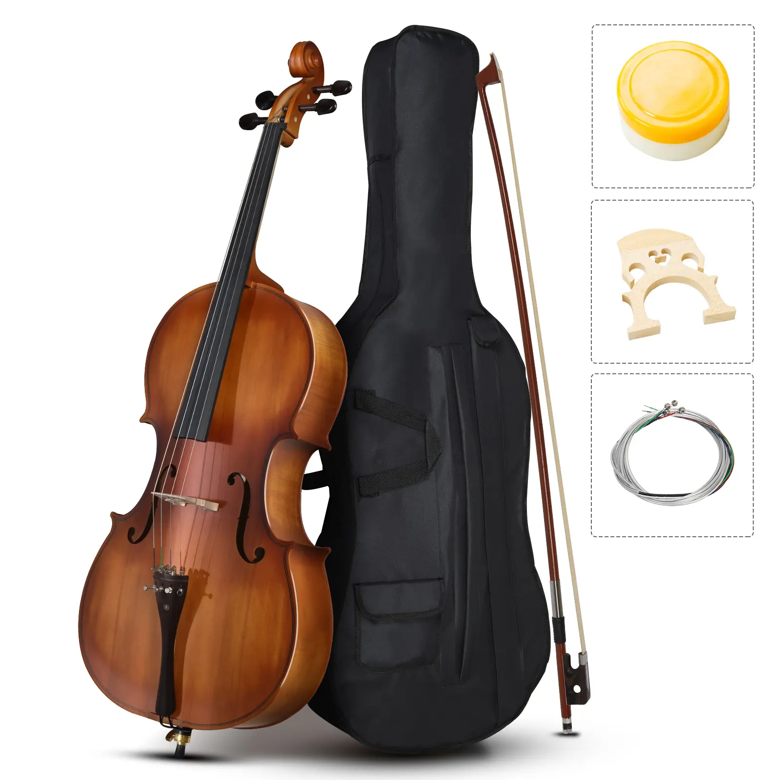 G&M Full-Sized 4/4 Matte Natural Full-Side Spruce Wood Cello Complete Kit for Beginners - Arbor, 7mm Thickness, Backpack Straps, 48.42x17.72x5.91in, Accurate Pitch, Includes Bag, Bow, Rosin, Bridge, Strings