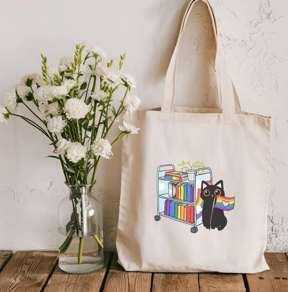 Pride Cat Library Cart Sublimated Canvas Tote Bag
