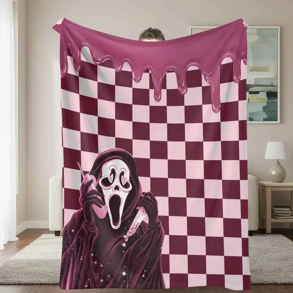 Pink Checkered Drip Ghostface Scream Anti-Pilling Flannel Throw Blanket - Y2K Sweet Spooky Horror Print, Soft Cozy Warm for Sofa Bed, Halloween Home Decor Gift for Horror Lovers