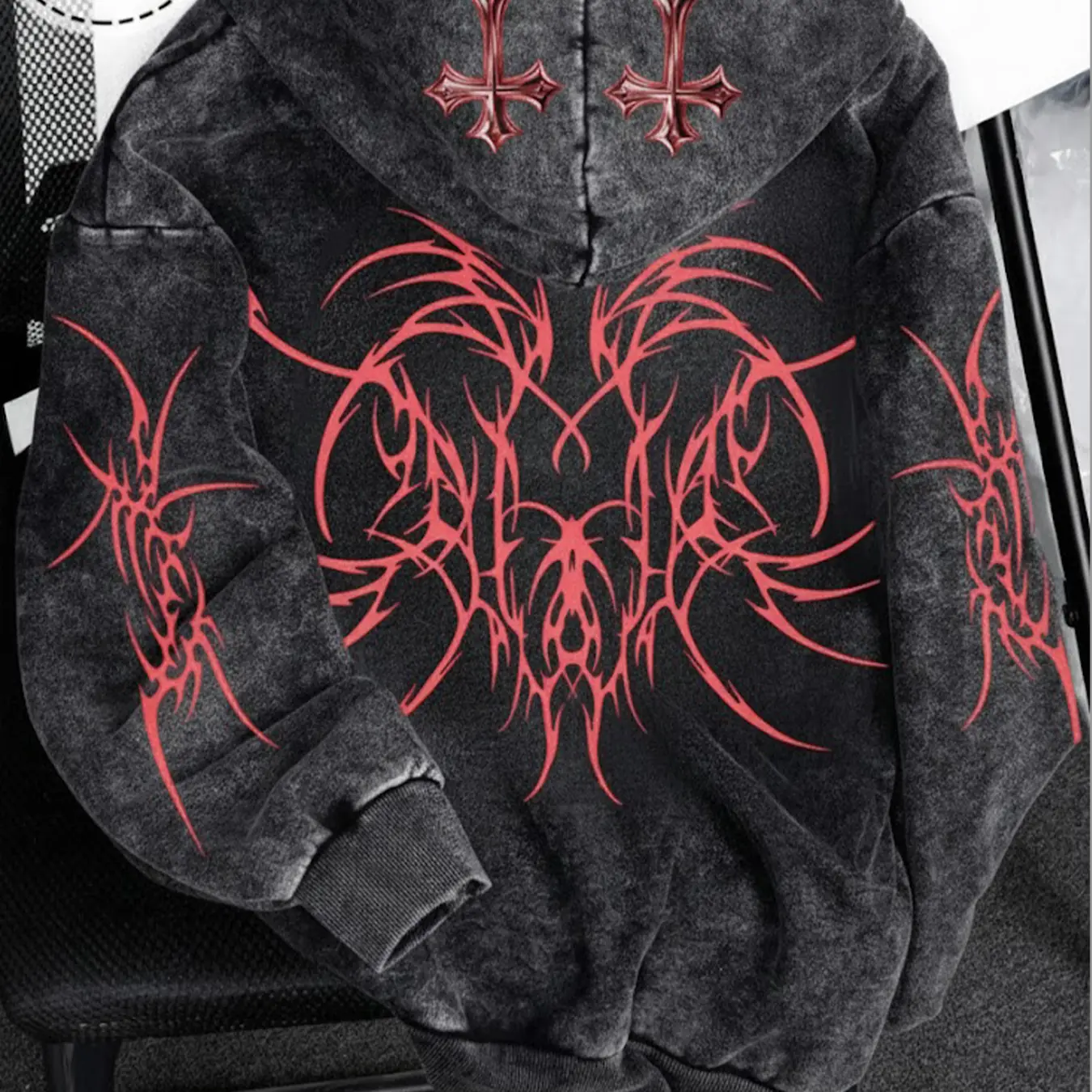 Y2K Rock Wash Full Zip, Gothic Cross and Tribal Thorn Pattern Y2K Rock Wash Full Zip, Gothic Cross and Tribal Thorn Pattern