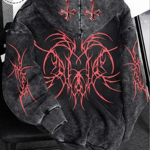 Y2K Rock Wash Full Zip, Gothic Cross and Tribal Thorn Pattern, Loose Vintage Warm Sweatshirt Unisex Dark Streetwear Jacket, Spooky Graphic Sweatshirt