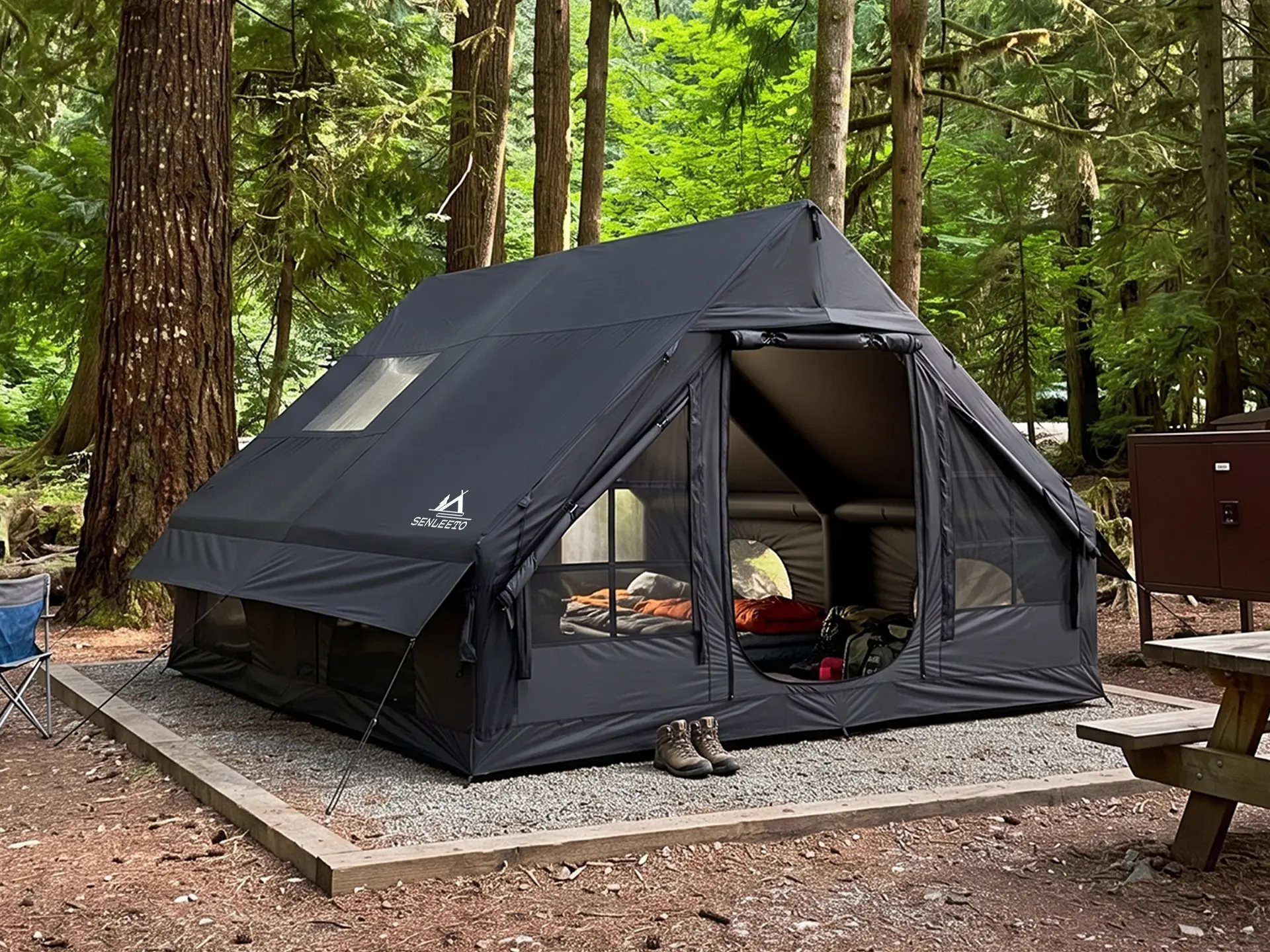 SENLEETO 129 sq ft Heavy Duty Camping Foldable Cabin Tent - Waterproof Air Tent with AC Port, Stove Jack, Clear Skylight, Warm BBQ Master Port for Family Glamping