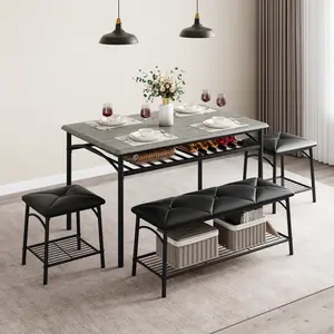 Dining Table with Benches, Kitchen Table Set for 4, Dining Room Table Set with Upholstered Bench and Square Stools, Metal and Wood Dining Table Set for 4 with Storage for Small Space-Grey