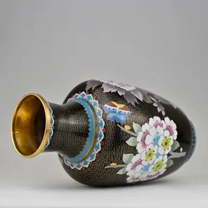 Handmade Black Cloisonné Enamel Vase with Floral and Butterfly Motif | Antique Chinese Vase | 8x15