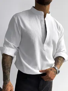 Men's Old Money Style Linen Shirt, Half Placket Mandarin Collar, Breathable Long Sleeve, Relaxed Fit, Perfect for Resort & Office