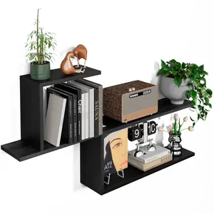 Wood Floating Shelves Black 3 Tier, 40 Inch Extra Long Creative Design Floating Wall Shelf for Living Room, Ladder Bookshelf for Wall Decor &Storage, Floating Shelf Wall Mounted for Office.