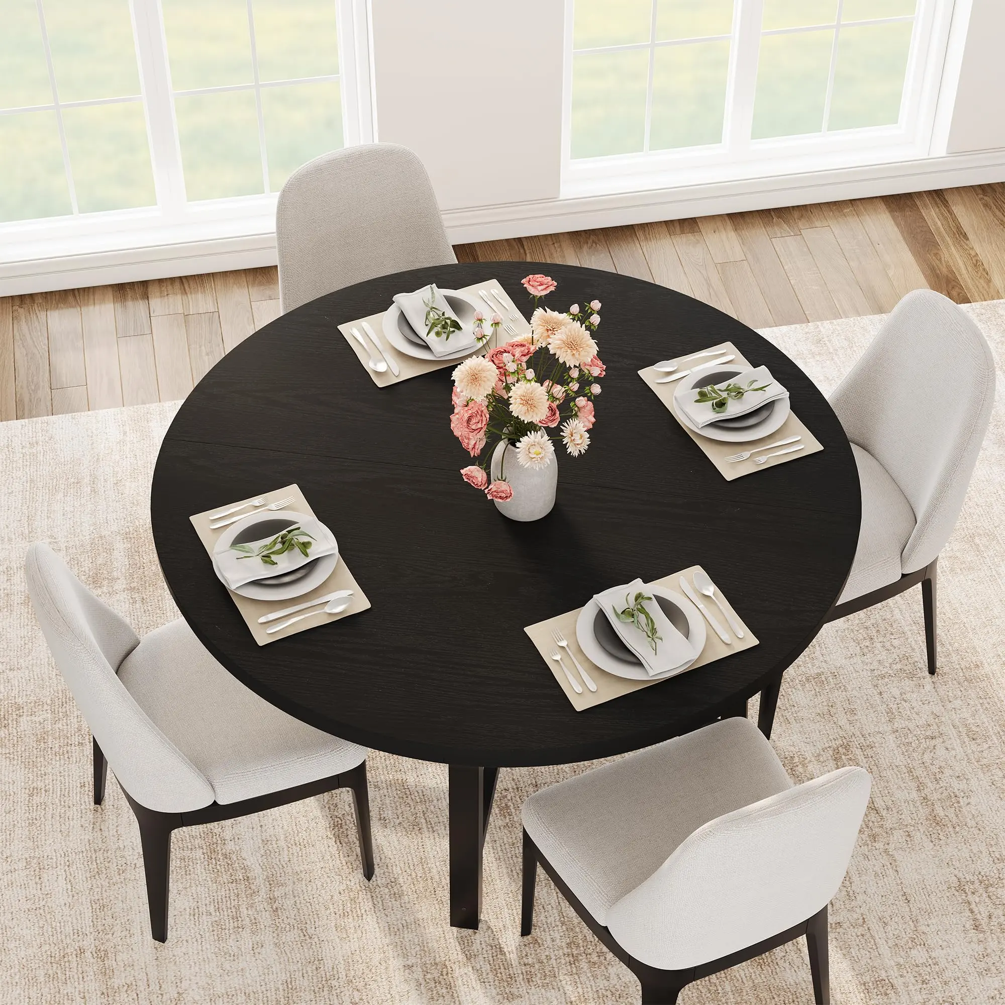 Garvee 47-Inch Round Dining Table for Four with Durable Metal Frame and Wood Top, Space-Saving Kitchen and Dining Room Furniture in Black, No Chairs Included
