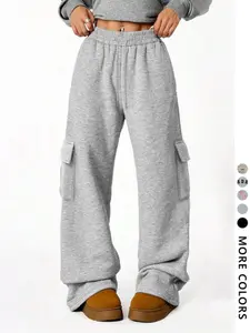 Women's Simple Straight Leg Pants, Workwear Design with Large Capacity Pockets, Adjustable Drawstring, Perfect for Daily Wear and Outdoor Activities