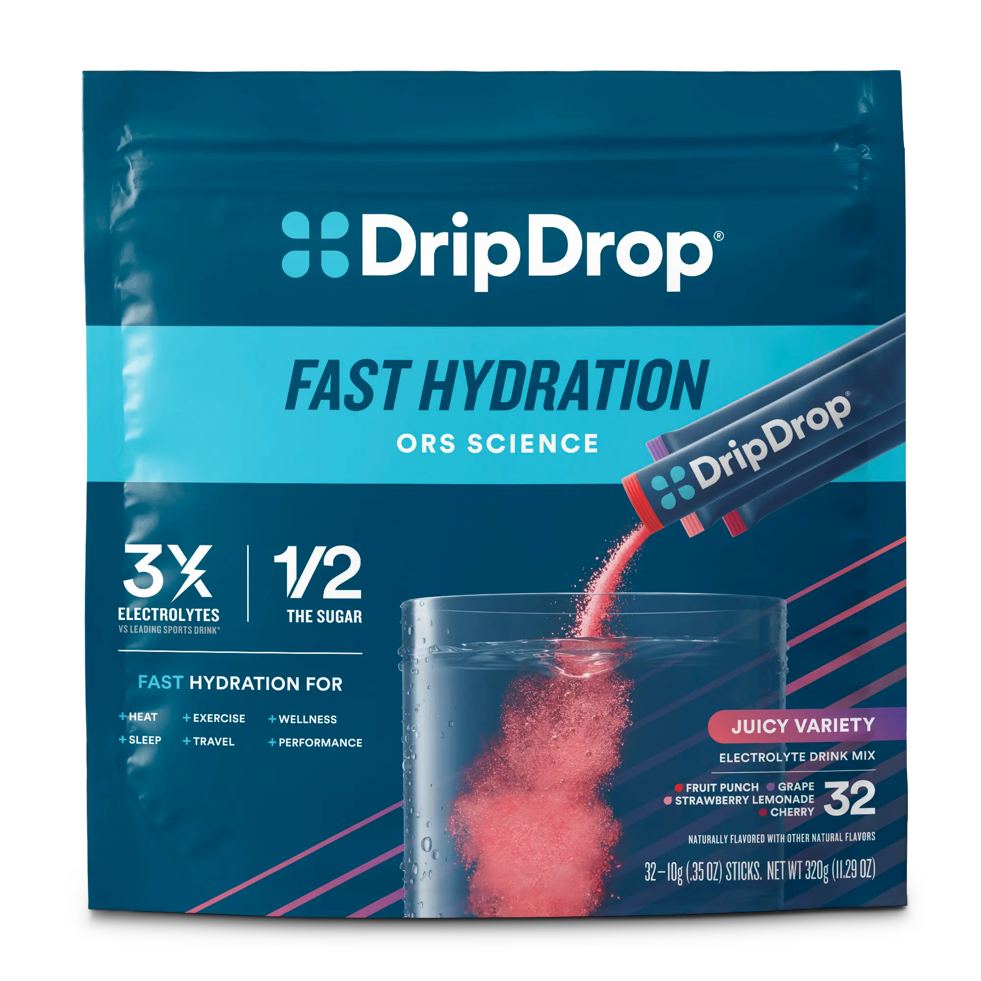 DripDrop Juicy Variety Pack Electrolyte Powder, 8 oz sticks, 32 count