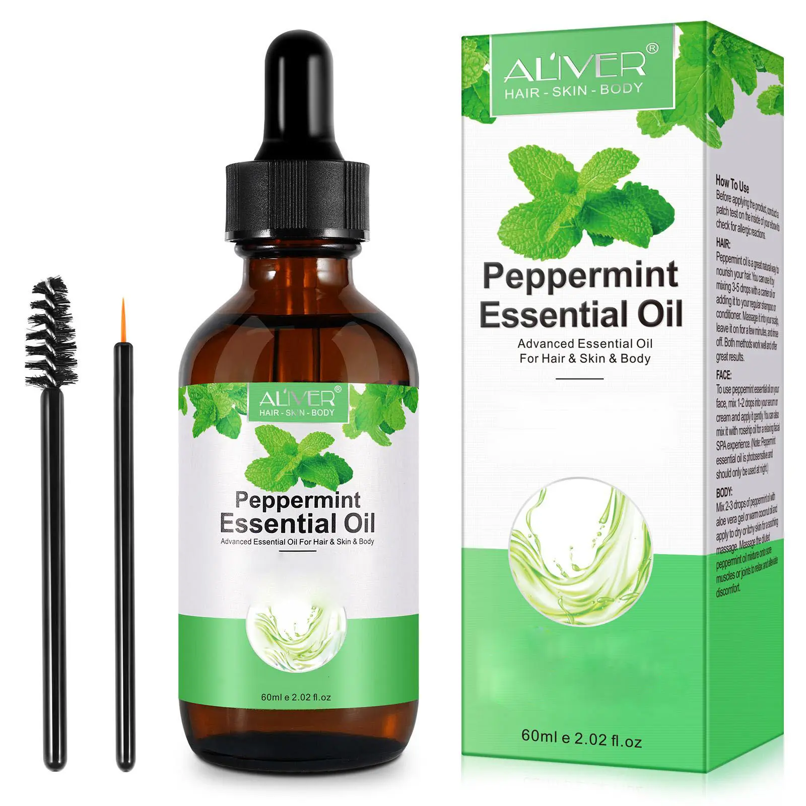 ALIVER Peppermint Scented Body Oils, Therapeutic Essential Oil Solution for Wellness, Skin-Friendly Hair & Body Treatment, Unisex, 60ml, Aromatic Skin Care, Self Care Products, Prop 65 Safe, Aromatherapy, Fitness