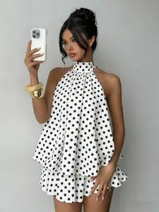 Vintage Y2K Halter Neck Dress Set, ///cobalt Blue Polka Dot, French Retro Style, Summer Date