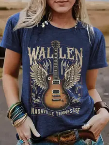 Women's Nashville Dream Guitar Print Short Sleeve T-Shirt, Casual Fitted Round Neck Top, Medium Stretch Comfort Fit, Womenswear, Lady