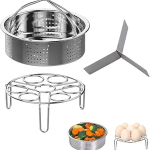 Steam Basket Set, Three-Piece Pressure Cooker Accessories, Includes Steam Basket, Egg Steam Basket, Trivet, 5-8 Quarts, 4/5/6 Liters