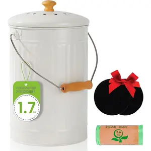 1.7 Gallon Kitchen Compost Bin, Indoor Countertop Compost Bin with Lid, 100% Rust Proof Compost Bucket with Non-Smell Charcoal Filters (White)