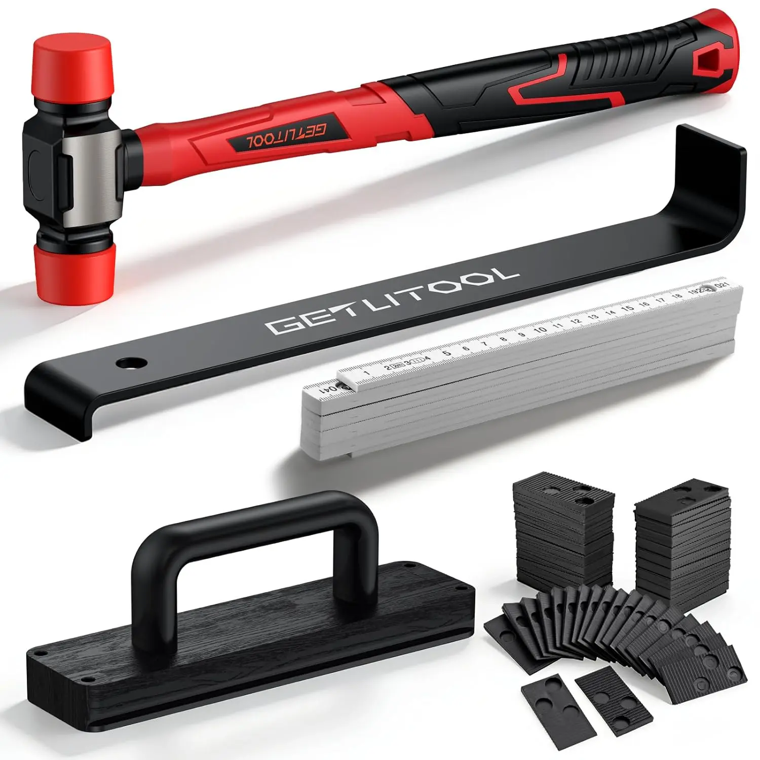 GETLITOOL Laminate Wood Flooring Installation Kit, LVP Wood Flooring Installation Tool with Double-Faced Mallet & Non-Slip Handle, Include Pull Bar/Knock Block/60 Spacers adn Folding Rule