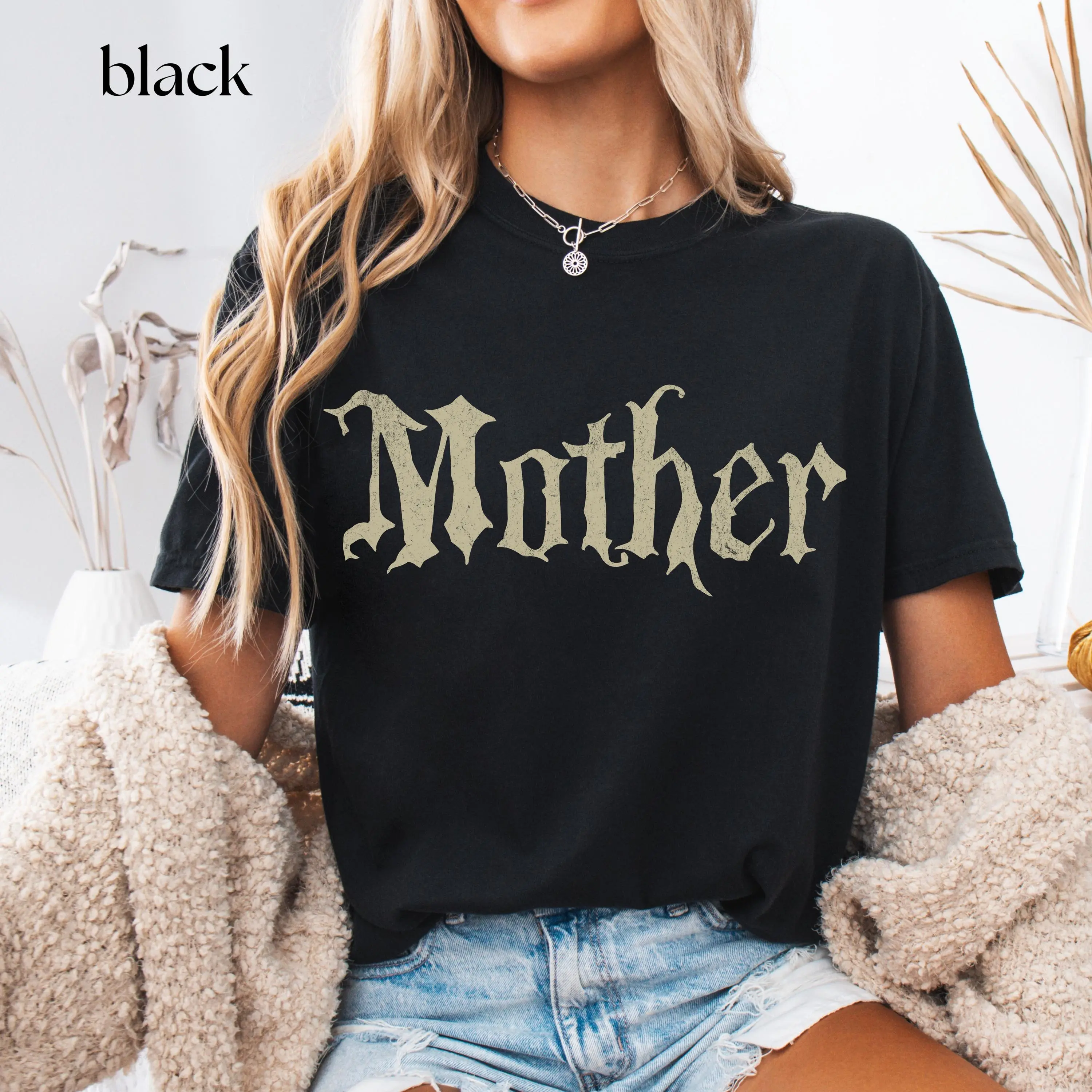Women's Fitted 'Mother' T-Shirt, Vintage Gothic Script Graphic Top, Casual Lightweight 100% Cotton with Round Neck