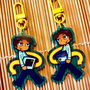 Retro Indie Game Style Acrylic Keychain | Cute Office Worker Corporate Loop Charm | Yellow Plastic Clasp Keyring | Fun Gamer Backpack Accessory Gift for Friends