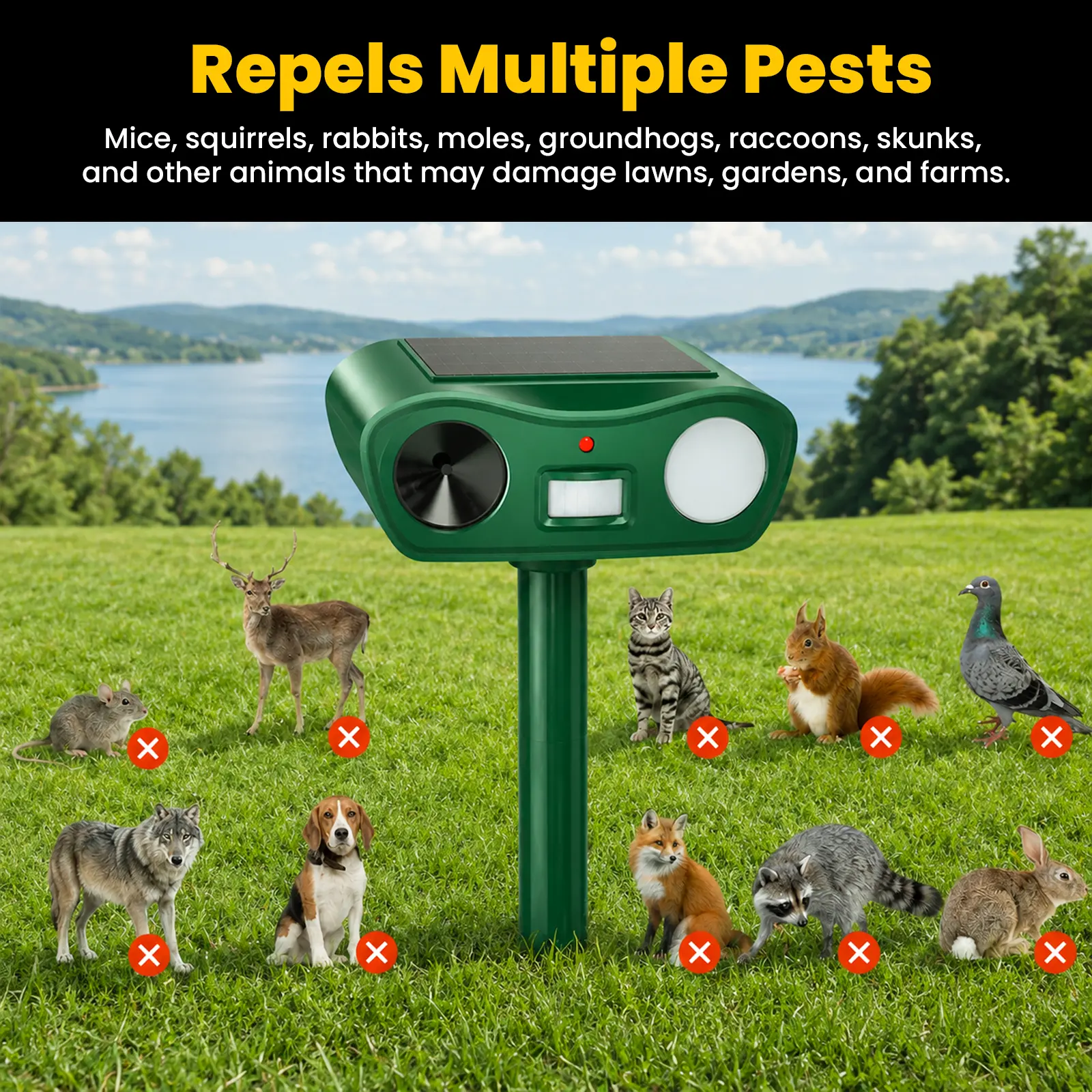 LeafZap Solar-powered 360-degree bird repeller, animal repellent device, Electronic Pest Repellent. Multi-functional three-sided speaker bird repeller. Outdoor ultrasonic rodent repeller. Suitable for gardens, farms, orchards.