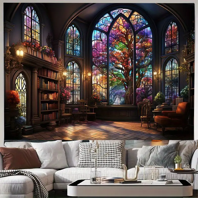 Castle Window View Tapestry  - Knit Polyester Brushed  for Living Room Bedroom Decoration  Lightweight Indoor Tapestry with Enchanted Forest Theme Art Home Design