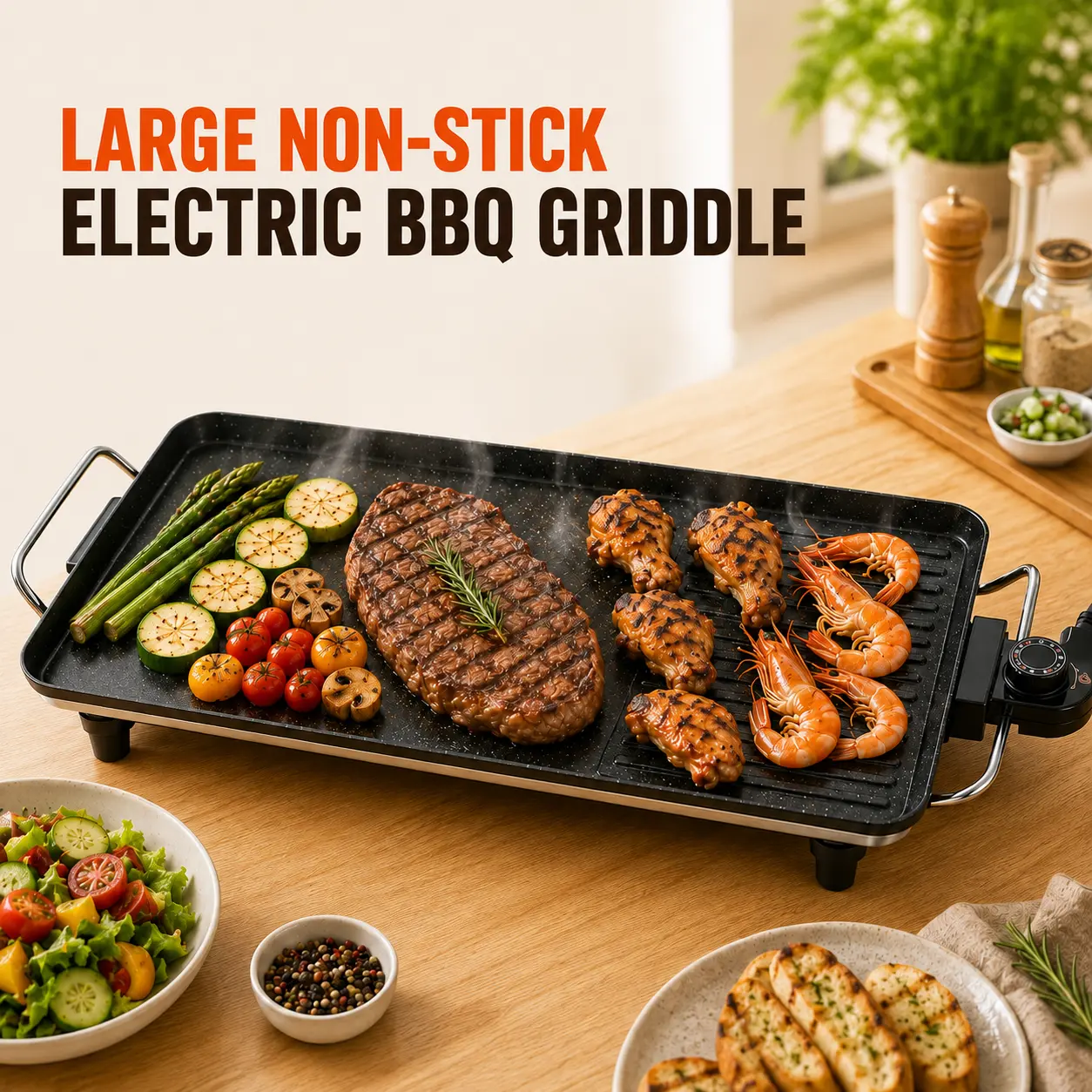 1500W Power Large Non-Stick Electric BBQ Griddle, Table Top Grill for Indoor/Outdoor, Camping Cooking-4693