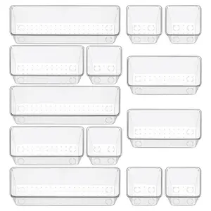 12-Piece Clear Drawer Organizer Set | 3 Sizes Storage Bins & Vanity Trays for Makeup, Jewelry, Cosmetics & Gadgets | Multipurpose Drawer Dividers for Office, Kitchen, Bedroom & Bathroom