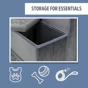 3-Step Foldable Velour Pet Stairs with Storage, Gray