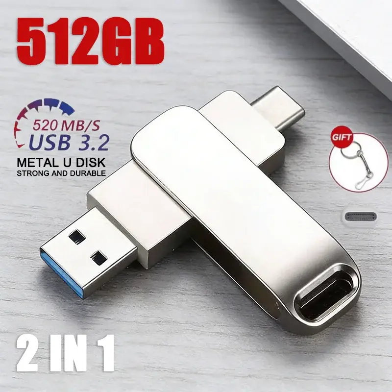 512GB USB 3.2 Flash Drive 520MB/s High Speed 2in1 TypeC OTG Pen Drive Waterproof Large Storage for Phone Computer PC Storage