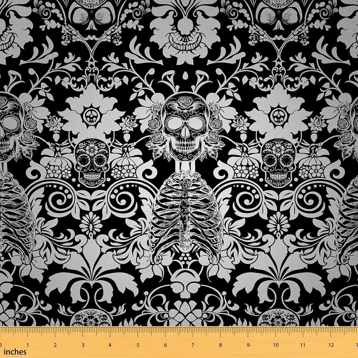 Sugar Skull Fabric Skeleton Upholstery Fabric Chairs Gothic Skull Fabric Striped Boho Reupholstery Fabric Decor Soft Flannel