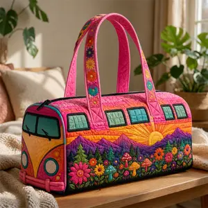 Boho Quilted Duffle Bag for Women, Colorful Retro Camper Van Weekender Bag, Large Carry On Travel Tote for Gym, Overnight Trips, Vacation & Road Trips