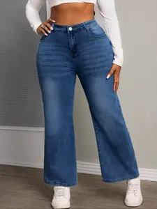 Plus Size Loose-Fitting Solid Denim Wide Leg Pants, Casual Fall & Winter Fashion Style, Comfortable Everyday Jeans for Women