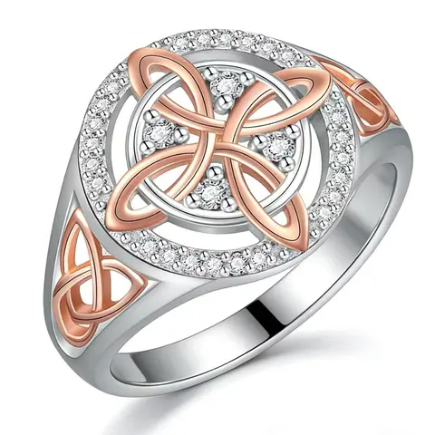 Rose Gold Plated Witch’s Knot Ring, Original Celtic Knot , Cubic Zirconia Decorated Witch Knot Ring, Witchtok Pagan  for Devotion and Protection, Valentine’s Day Gift magnetic field therapy  durable stylish  gift inspirational jewelry brass chain metal