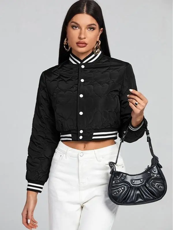 Women's Lettering Embroidered Long Sleeve Casual Fitted Sporty Chic Baseball Jacket Outerwear, Tops