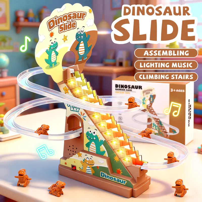 Funny Automatic Stair-Climbing Cartoon Race Track Set, Christmas Track Climbing Stairs, Slide Toy Escalator Toy with Lights and Music
