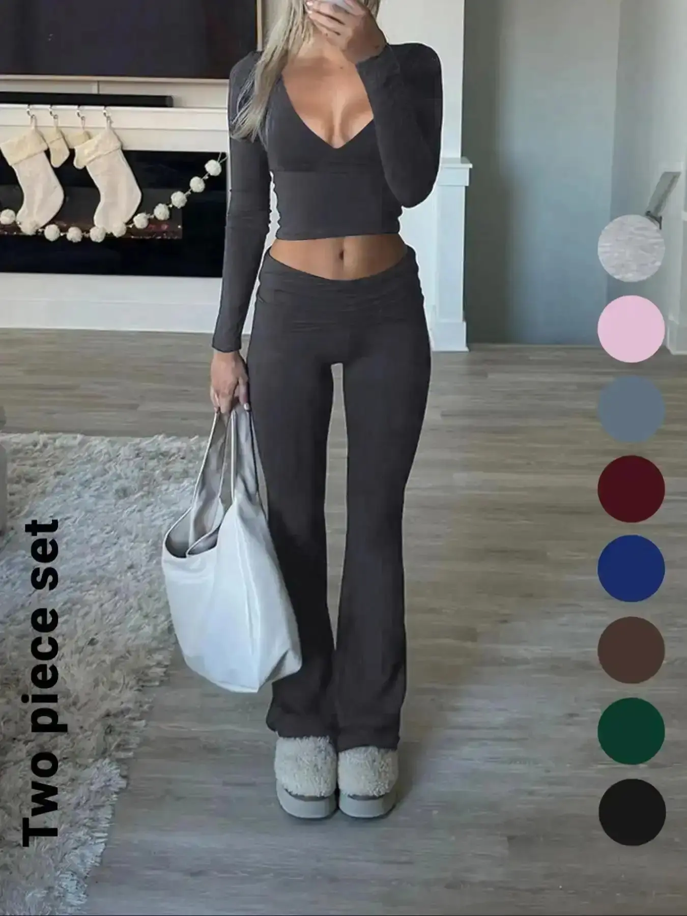 Slim-Fit Crop Top & Pants Two-Piece Set, Solid Color V-Neck Long Sleeve for Fall and Winter, Airport Outfit, Stretchy, Flattering, Breathable, Soft, Elegant, Feminine, Cozy, Flowy, Chic