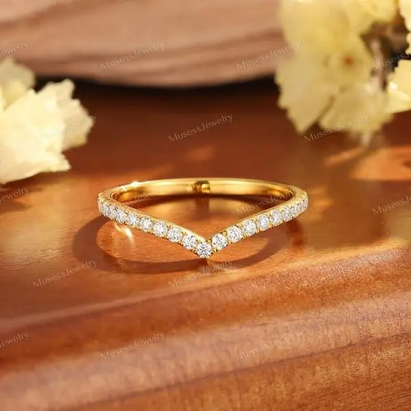 Yellow Gold Moissanite Wedding Band, Curved Halo Cluster Design