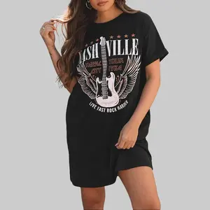 Oversized Nashville Guitar Print Round Neck Short-Sleeve Cotton T-Shirt Dress - Casual Fit Lady's Western Mini Shift Dress for Country Concerts, Women's Clothes
