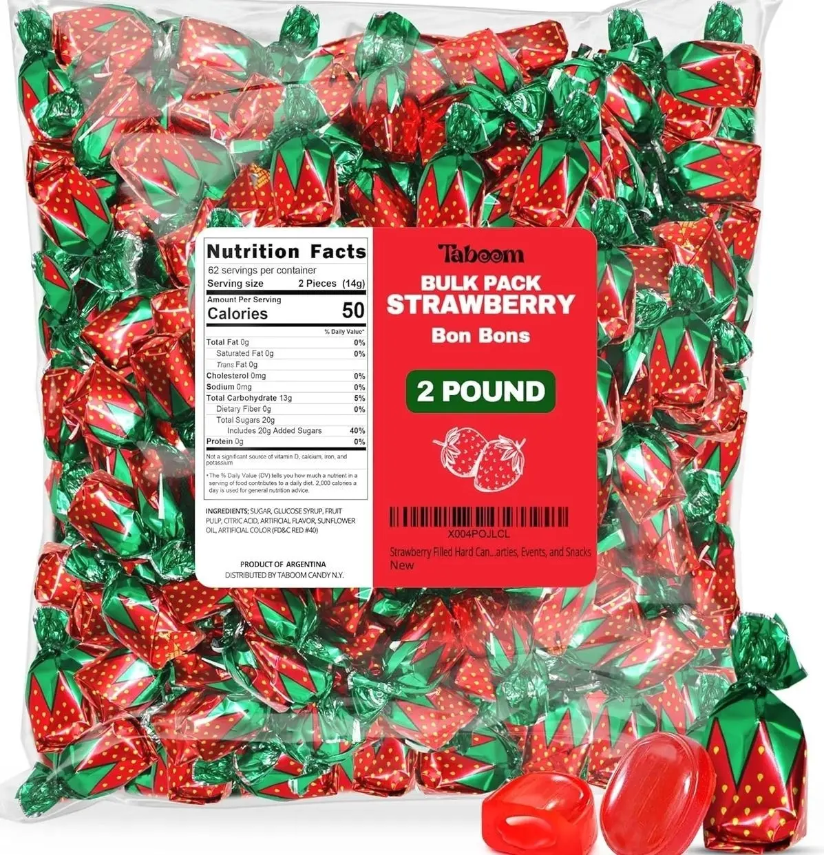 Strawberry Filled Hard Candy Bon Bons 2 lbs Bulk Pack - Individually Wrapped Christmas Fruit-Filled Candy, Classic Strawberry Hard Candy for Holiday Treats, Parties, and Snacks