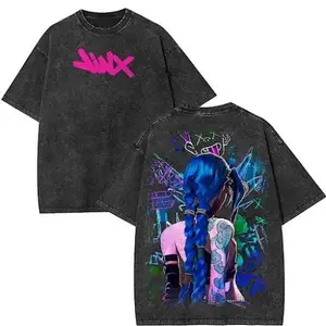 Men's Retro Vintage Jinx x Powder Arcane: League of Legends Washed Cotton Short-Sleeve Round Neck T-Shirt, Distressed Casual Streetwear Top, Figure-Flattering Festive Menswear, Shortsleeve, Tshirt