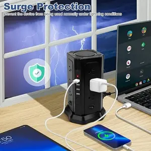 Power strip tower, multiple device charging tower, surge protection tower, with 12 AC power sockets and 4 USB ports (1 USB C), overload protection for home kitchen dormitory office desk (black)